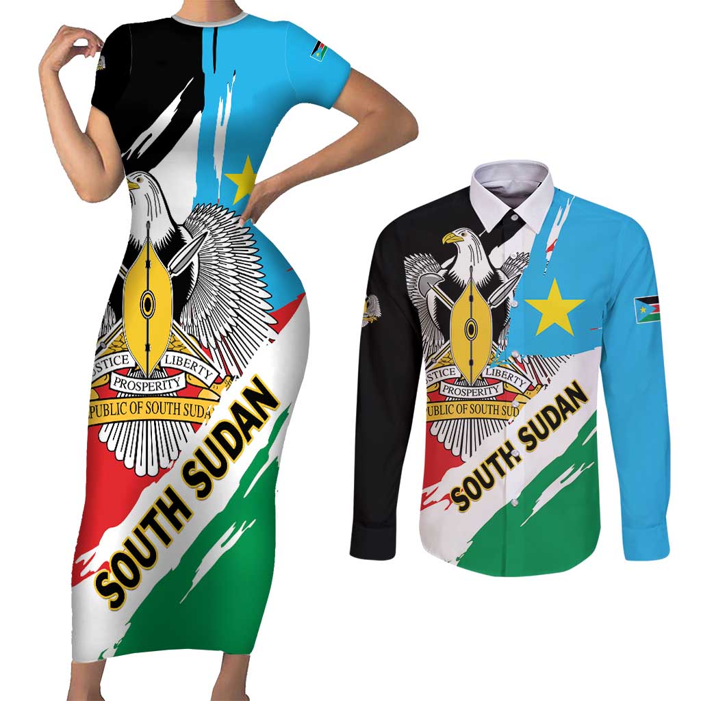 Personalized South Sudan Couples Matching Short Sleeve Bodycon Dress and Long Sleeve Button Shirt Grunge Flag Style - Wonder Print Shop