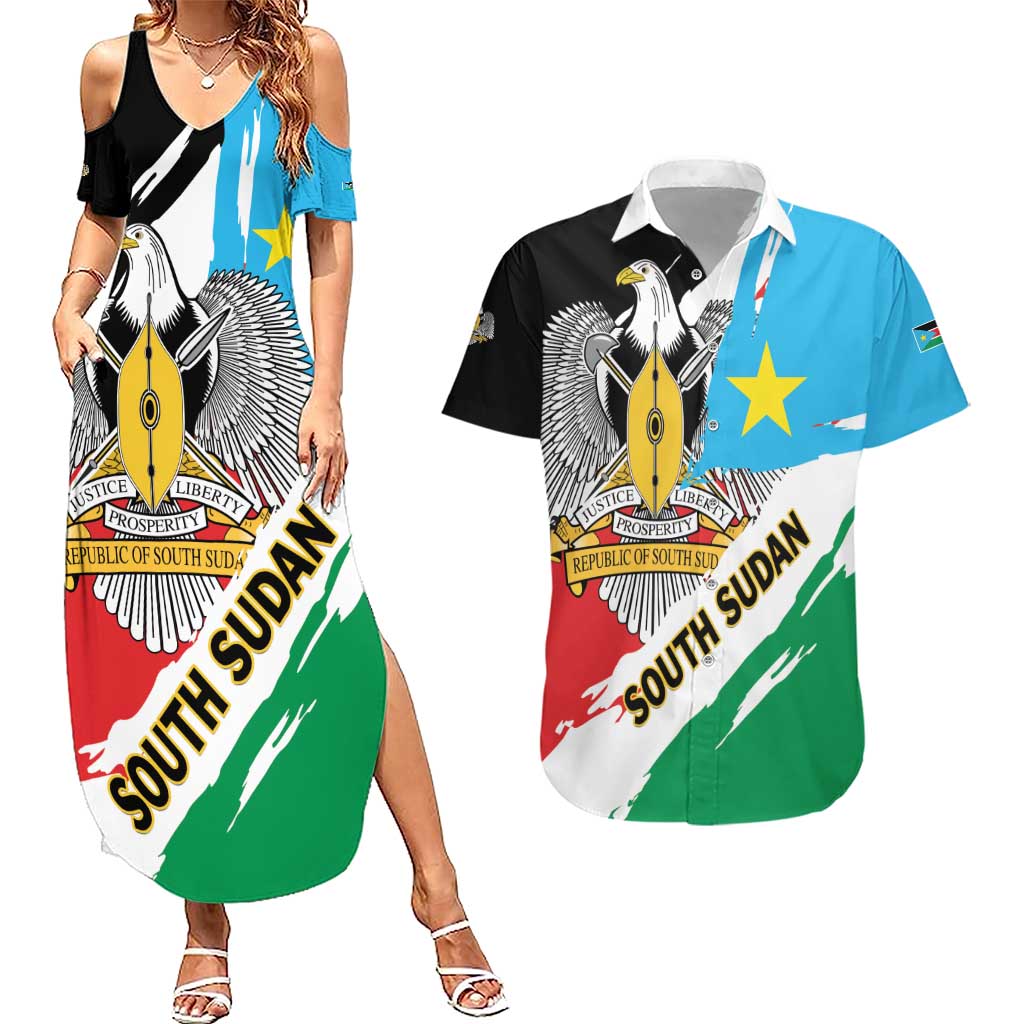 Personalized South Sudan Couples Matching Summer Maxi Dress and Hawaiian Shirt Grunge Flag Style - Wonder Print Shop