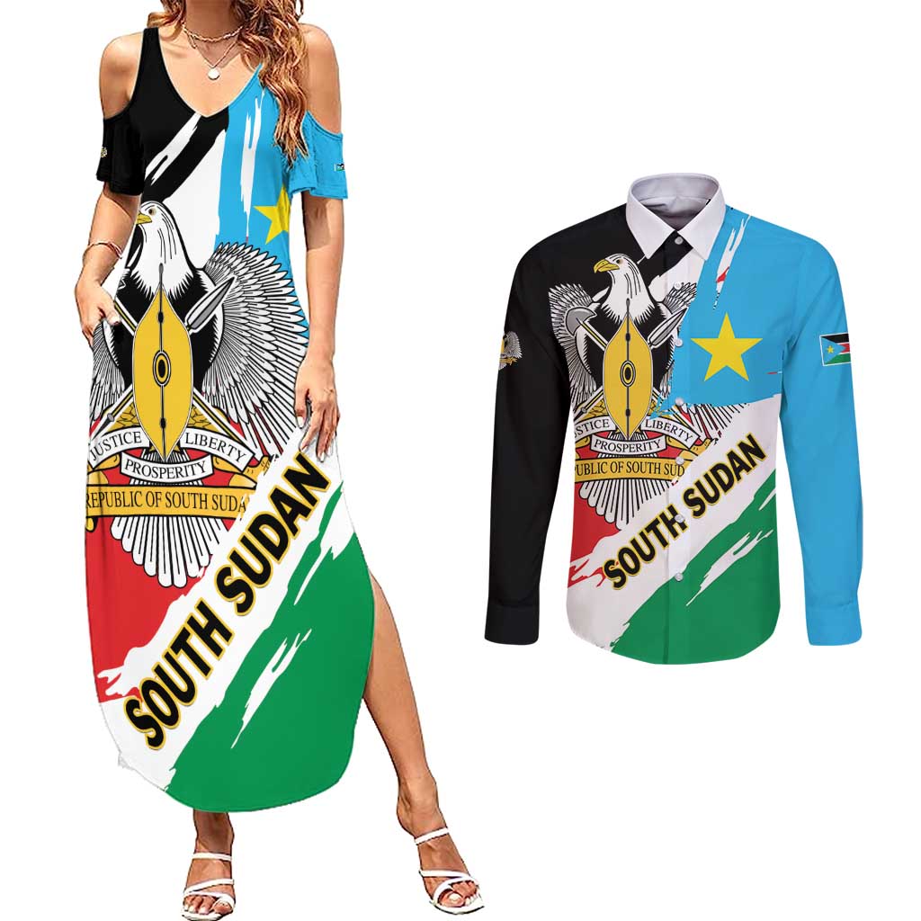 Personalized South Sudan Couples Matching Summer Maxi Dress and Long Sleeve Button Shirt Grunge Flag Style - Wonder Print Shop