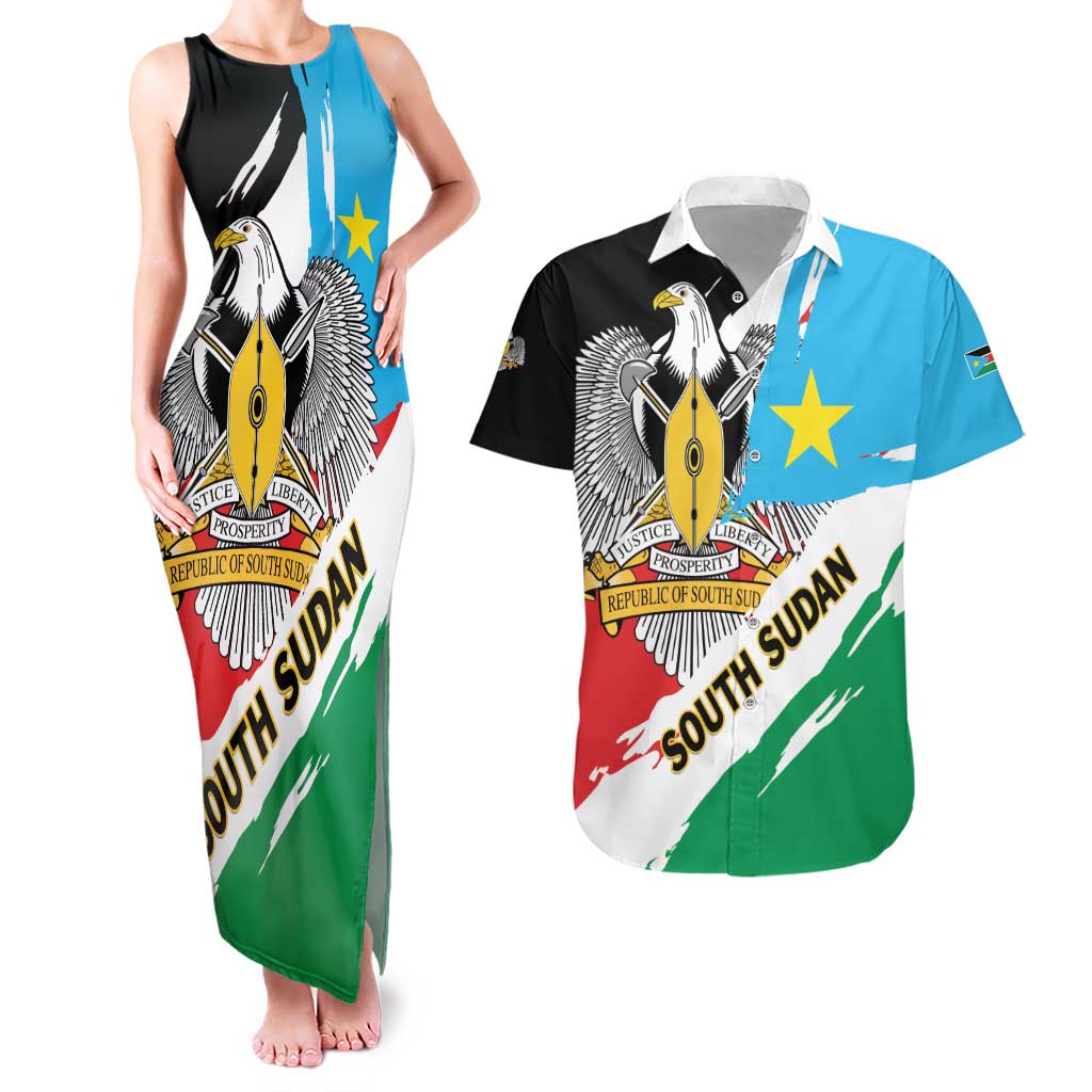 Personalized South Sudan Couples Matching Tank Maxi Dress and Hawaiian Shirt Grunge Flag Style - Wonder Print Shop