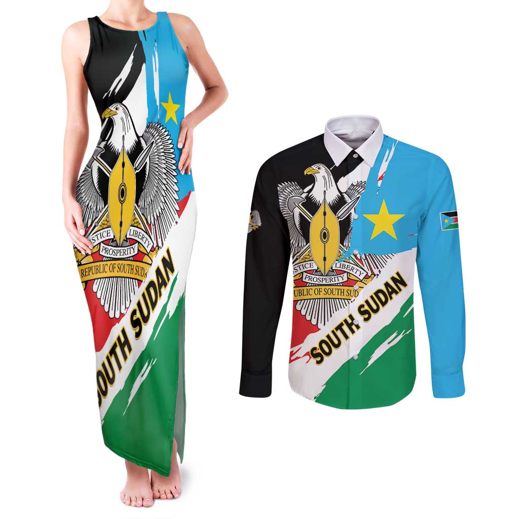 Personalized South Sudan Couples Matching Tank Maxi Dress and Long Sleeve Button Shirt Grunge Flag Style - Wonder Print Shop