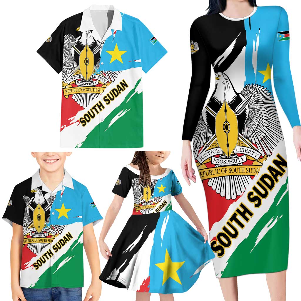 Personalized South Sudan Family Matching Long Sleeve Bodycon Dress and Hawaiian Shirt Grunge Flag Style - Wonder Print Shop