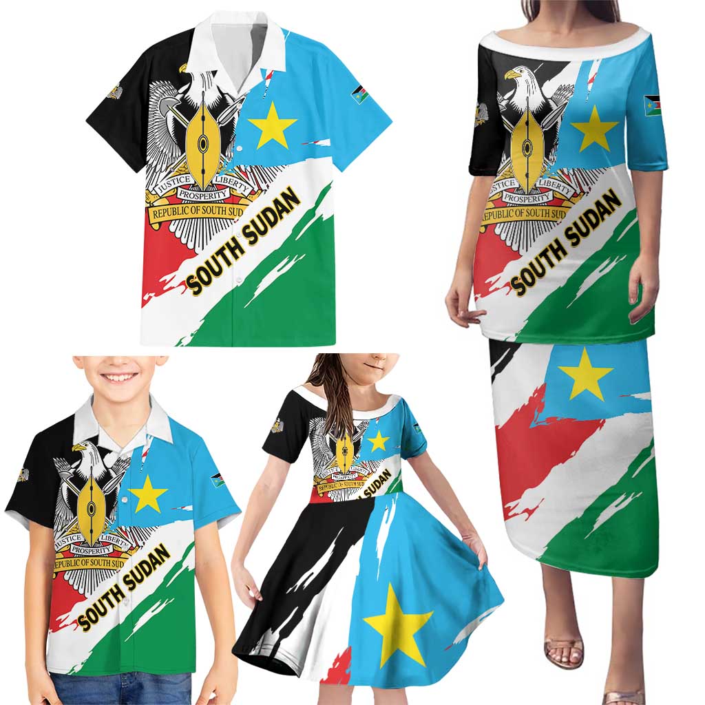 Personalized South Sudan Family Matching Puletasi and Hawaiian Shirt Grunge Flag Style - Wonder Print Shop