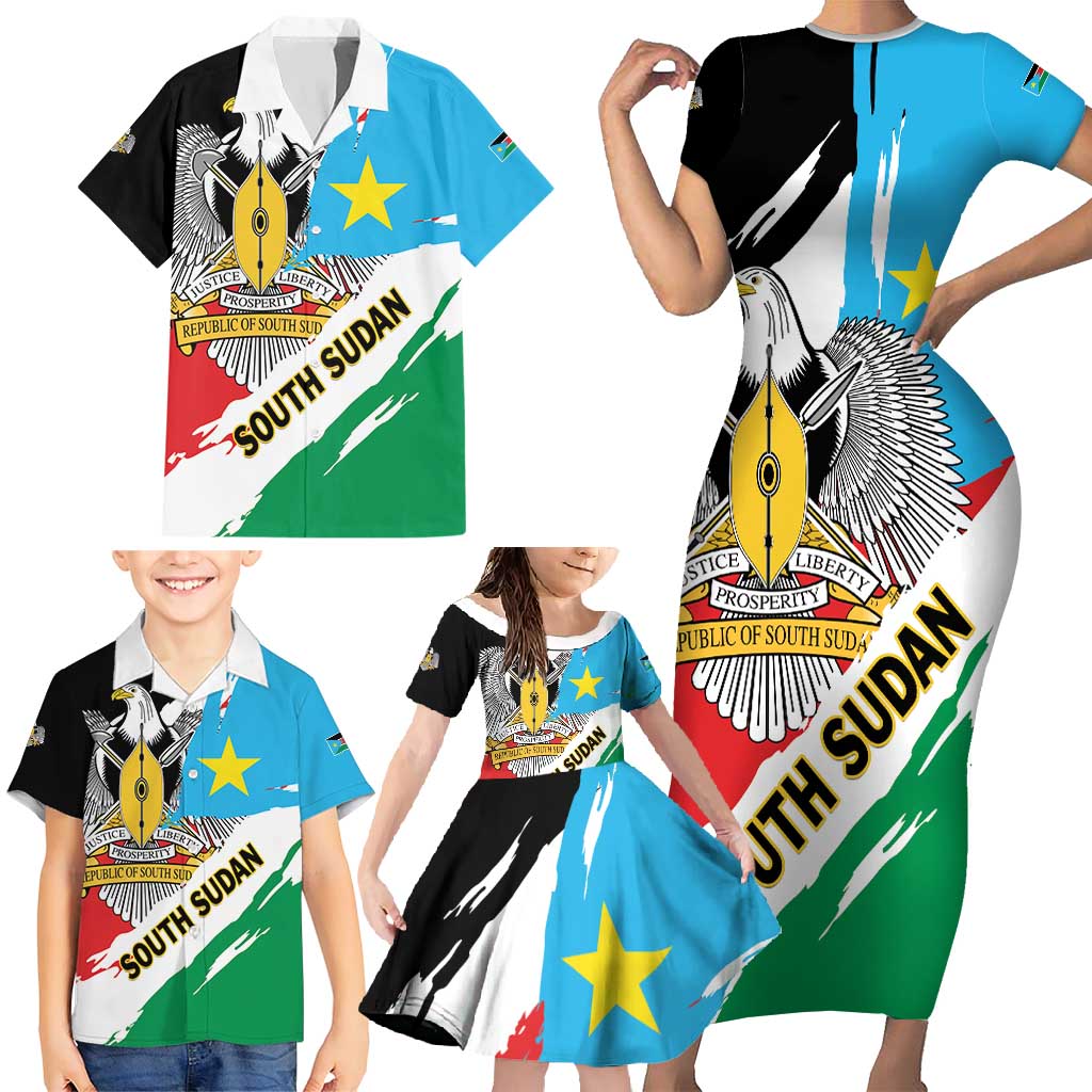 Personalized South Sudan Family Matching Short Sleeve Bodycon Dress and Hawaiian Shirt Grunge Flag Style - Wonder Print Shop