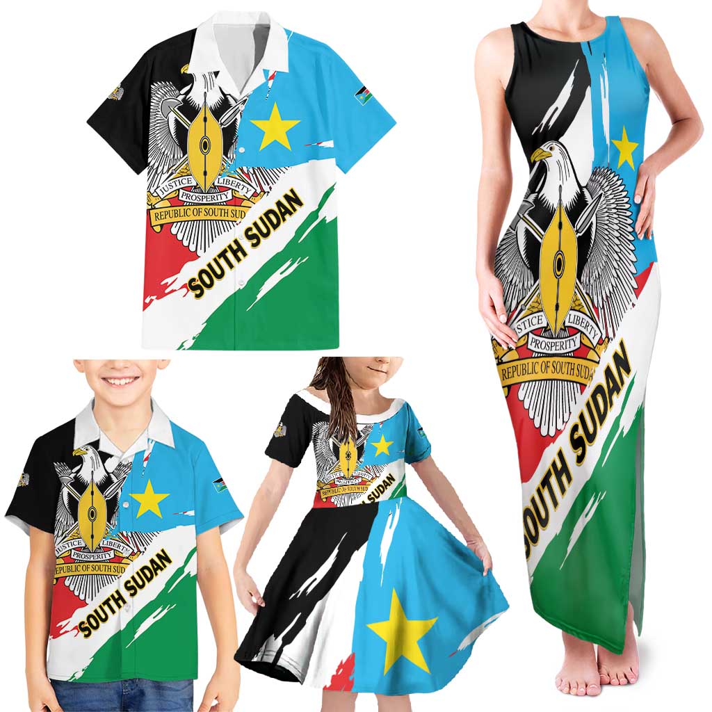 Personalized South Sudan Family Matching Tank Maxi Dress and Hawaiian Shirt Grunge Flag Style - Wonder Print Shop