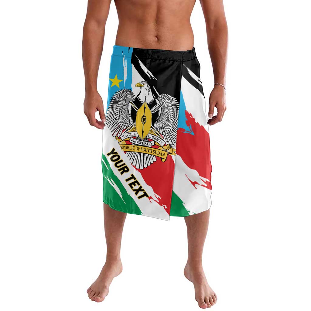 South Sudan flag-style lavalava shorts, black elastic waistband, bold graphic front