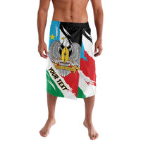 South Sudan flag-style lavalava shorts, black elastic waistband, bold graphic front