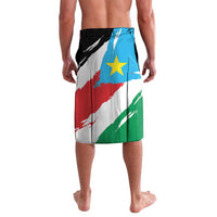 South Sudan flag-style lavalava shorts, side view, black waistband, full-color print