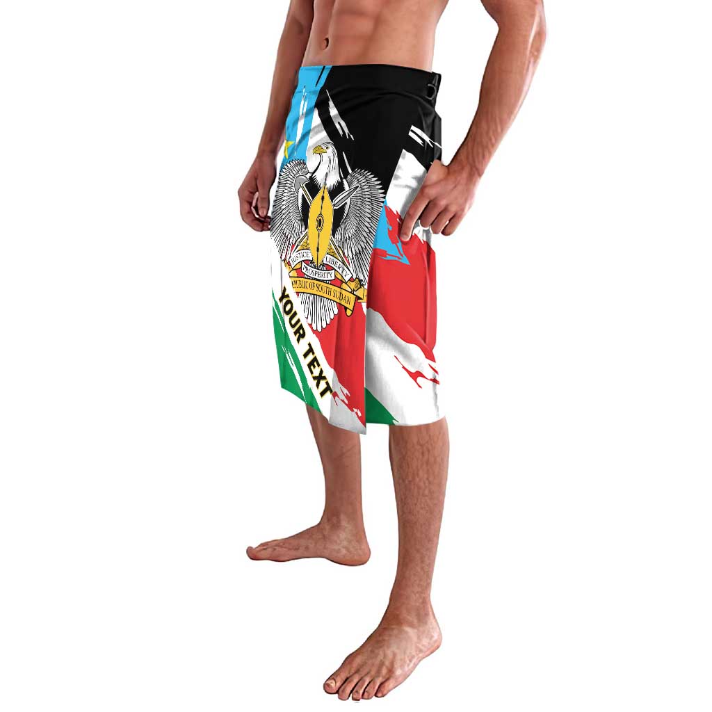 South Sudan flag-style lavalava shorts, angled view, bird emblem and flag colors
