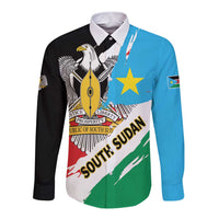 Long-sleeve button shirt with multicolor South Sudan flag graphic and emblem, front view