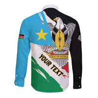 Long-sleeve button shirt, back graphic with South Sudan flag, emblem, and YOUR TEXT