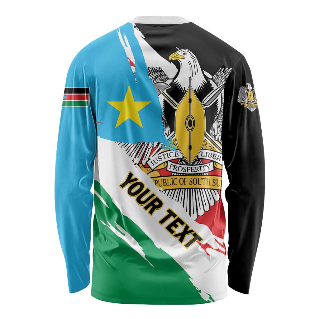 Unisex long-sleeve shirt with South Sudan grunge flag graphic, eagle emblem on back