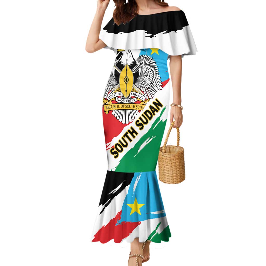 Personalized South Sudan Mermaid Dress Grunge Flag Style - Wonder Print Shop