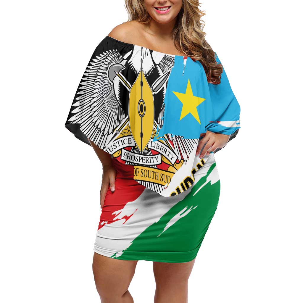 Personalized South Sudan Off Shoulder Short Dress Grunge Flag Style - Wonder Print Shop