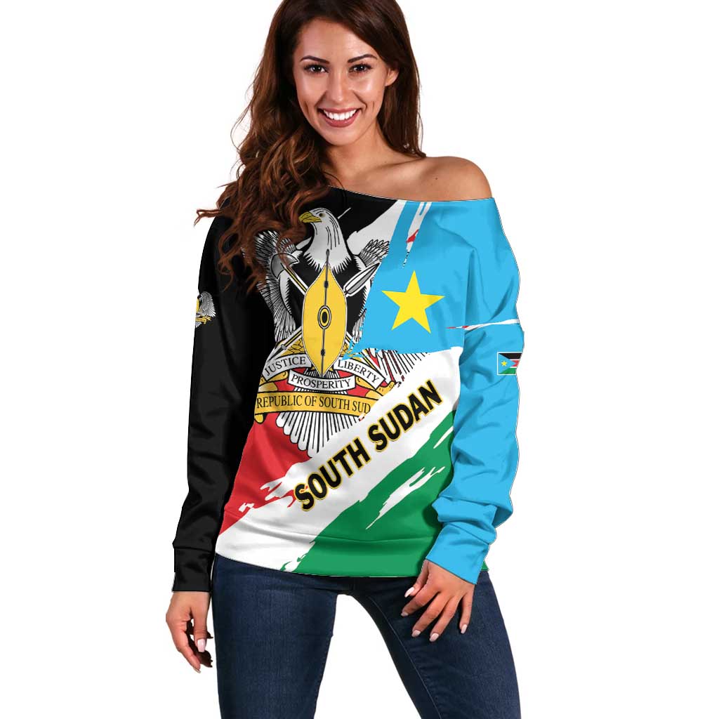 Personalized South Sudan Off Shoulder Sweater Grunge Flag Style - Wonder Print Shop