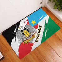 South Sudan flag rubber grunge doormat with eagle emblem and bold stripes