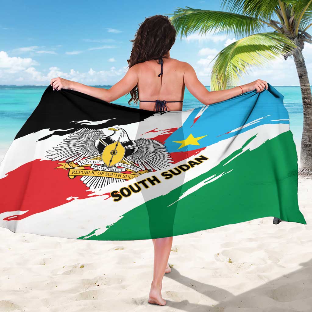 Grunge-style South Sudan flag sarong with eagle crest and multicolor brush stripes