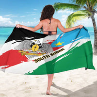 Grunge-style South Sudan flag sarong with eagle crest and multicolor brush stripes