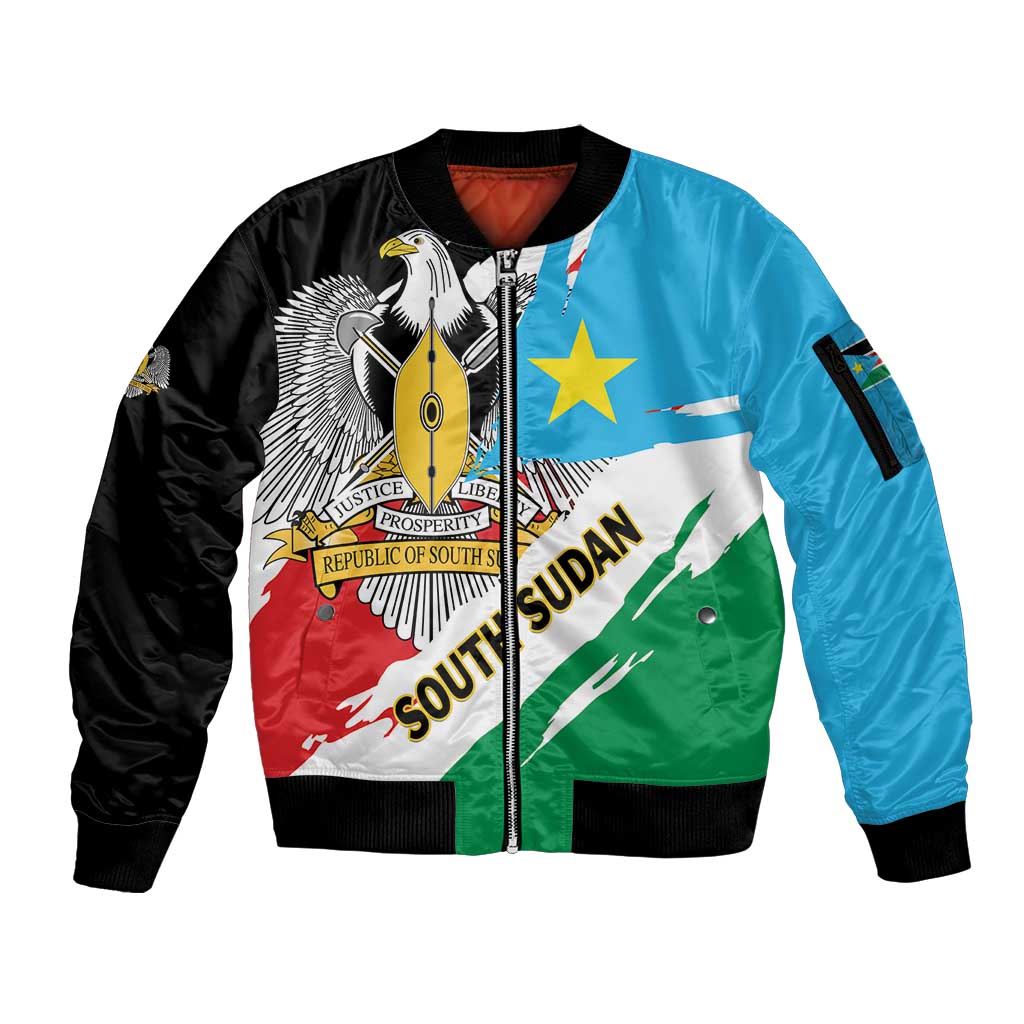 Personalized South Sudan Sleeve Zip Bomber Jacket Grunge Flag Style - Wonder Print Shop