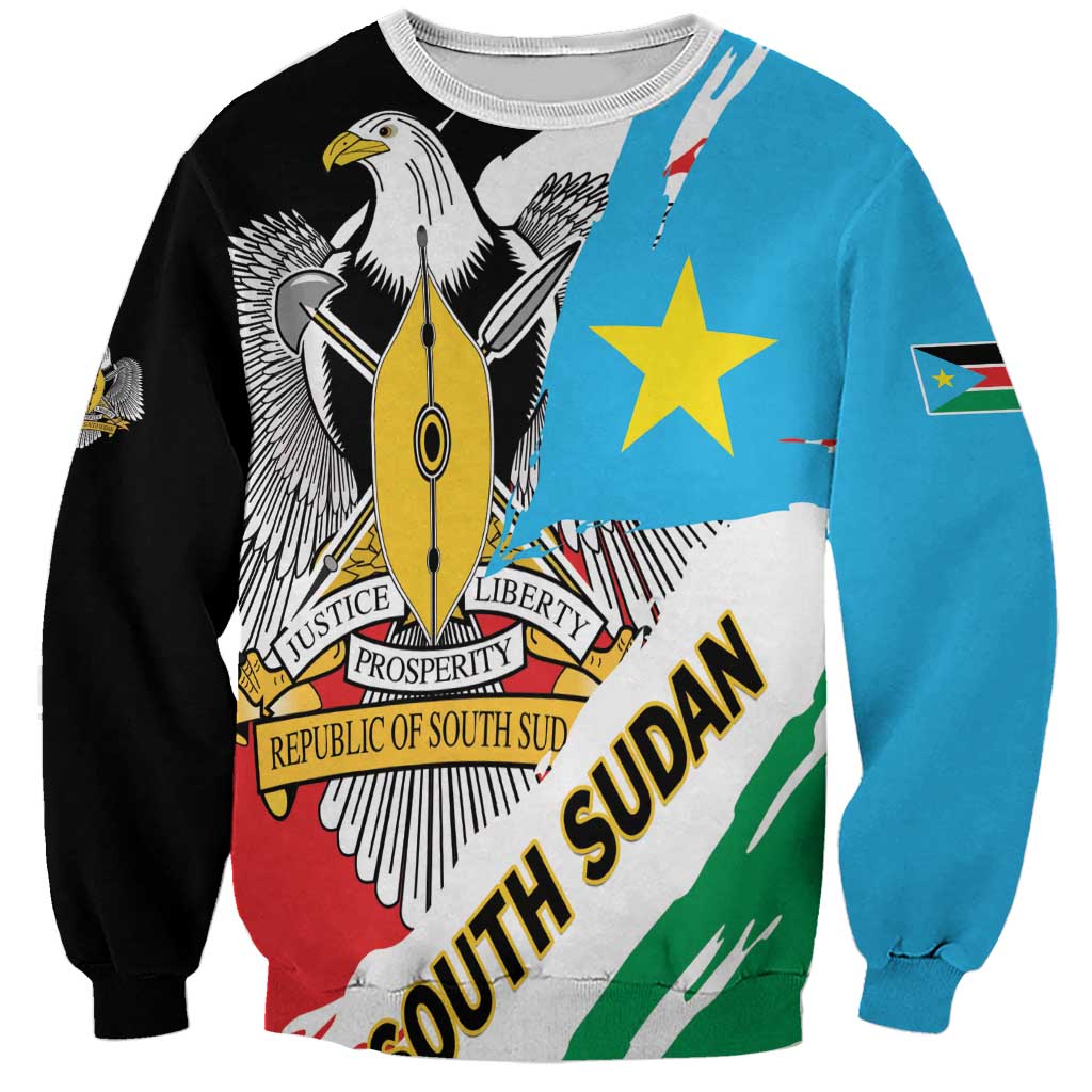 Crewneck sweatshirt with grunge flag print, black and blue sleeves, eagle crest graphic