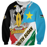 Crewneck sweatshirt with grunge flag print, black and blue sleeves, eagle crest graphic