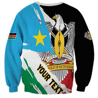 Crewneck sweatshirt with grunge flag print, black and blue, eagle crest and bold front text