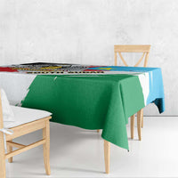 South Sudan flag grunge tablecloth covering bench table, green center with blue edge