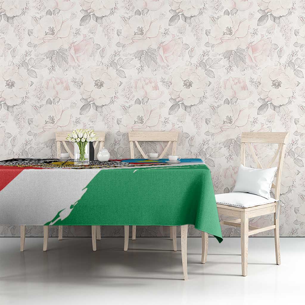 South Sudan flag grunge tablecloth on dining table in green, red and blue flag design