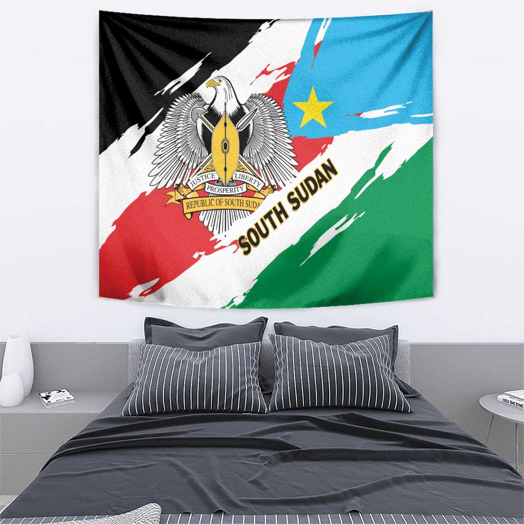 South Sudan flag tapestry with eagle crest and diagonal color bands, black red white blue green