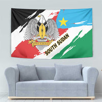 South Sudan flag tapestry with eagle crest and diagonal grunge stripes, black red white blue green