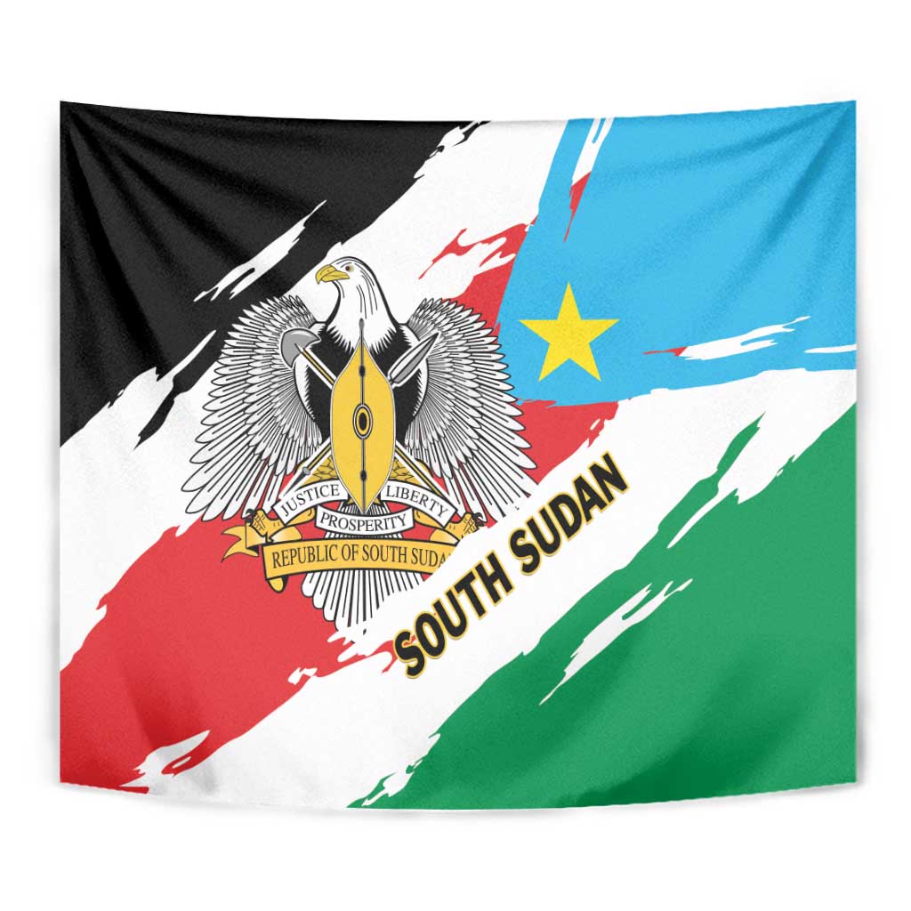 South Sudan flag tapestry close-up with eagle crest, 'SOUTH SUDAN' text, black red white blue green