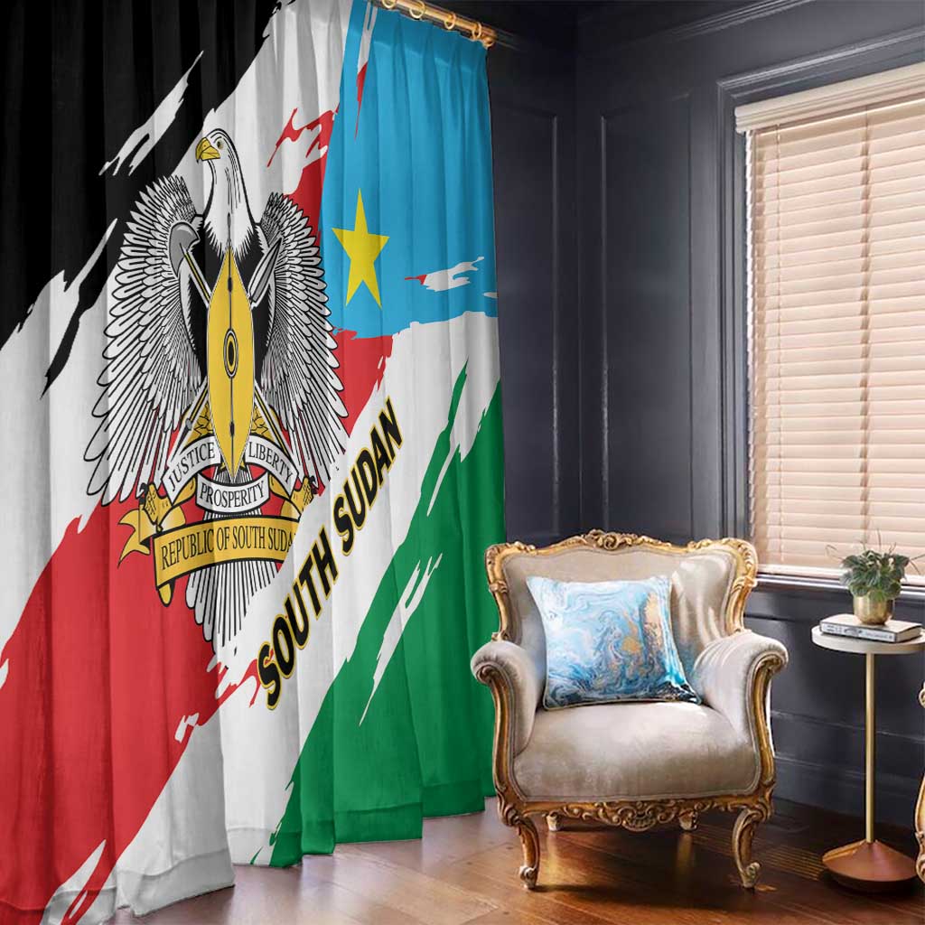 South Sudan flag-style window curtains, emblem on black/white panel and blue/green panel