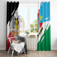 South Sudan flag-style window curtains hanging on rod, black and blue flag panels with emblem