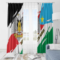 South Sudan flag-style curtains with curtain rings, black and blue panels with emblem design
