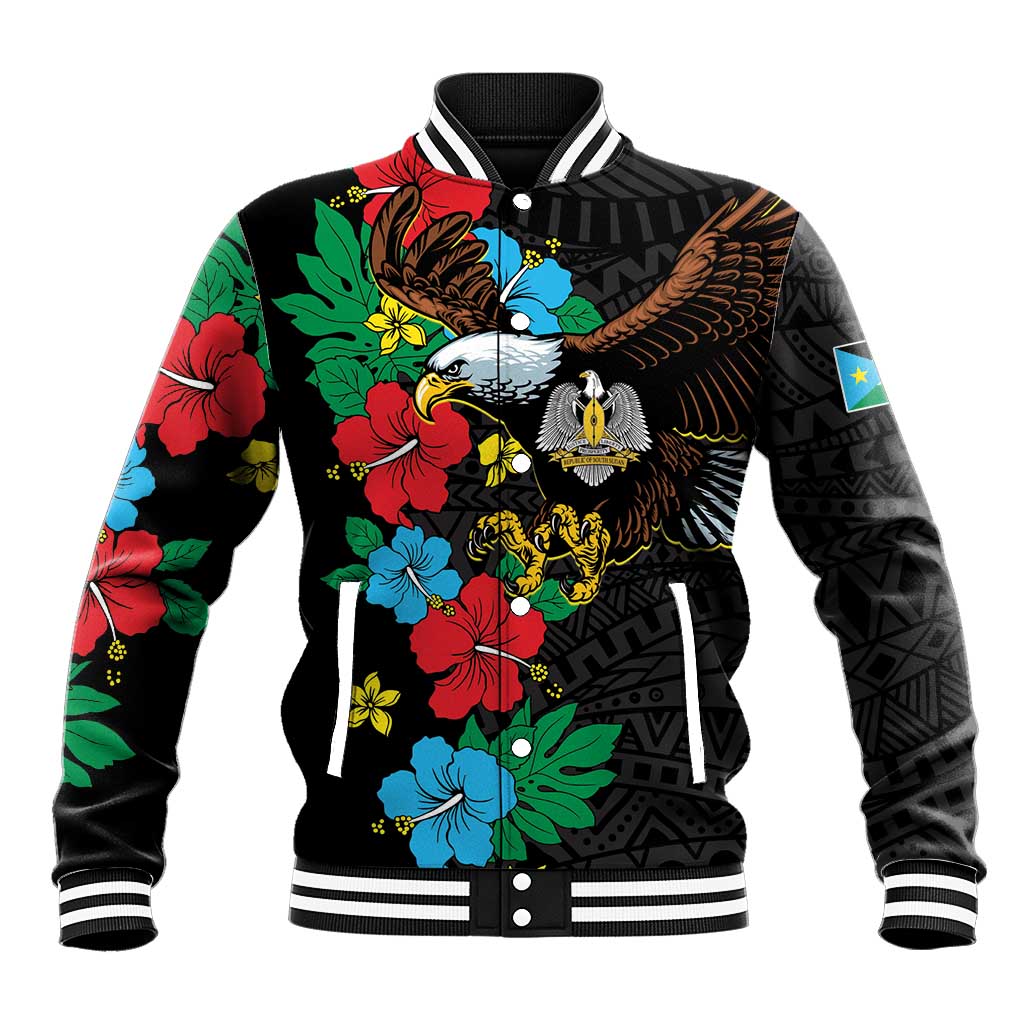 Black baseball jacket with striped rib collar, floral eagle graphic, button front