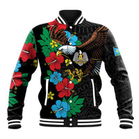 Black baseball jacket with striped rib collar, floral eagle graphic, button front