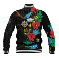 Black baseball jacket back with eagle wings and hibiscus floral print, striped hem cuffs