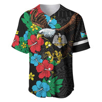 Black baseball jersey with colorful hibiscus floral and eagle graphic, short sleeves