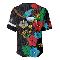 Black baseball jersey back view with hibiscus floral, eagle crest, and sleeve flag stripe