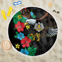 Round black beach blanket with white fringe, hibiscus flowers and eagle illustration