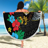 Round black beach blanket with white fringe, colorful hibiscus floral and eagle design