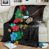 Black throw blanket with eagle, colorful hibiscus floral, African pattern