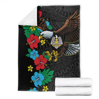 Black blanket with eagle and hibiscus floral prints, African geometric pattern