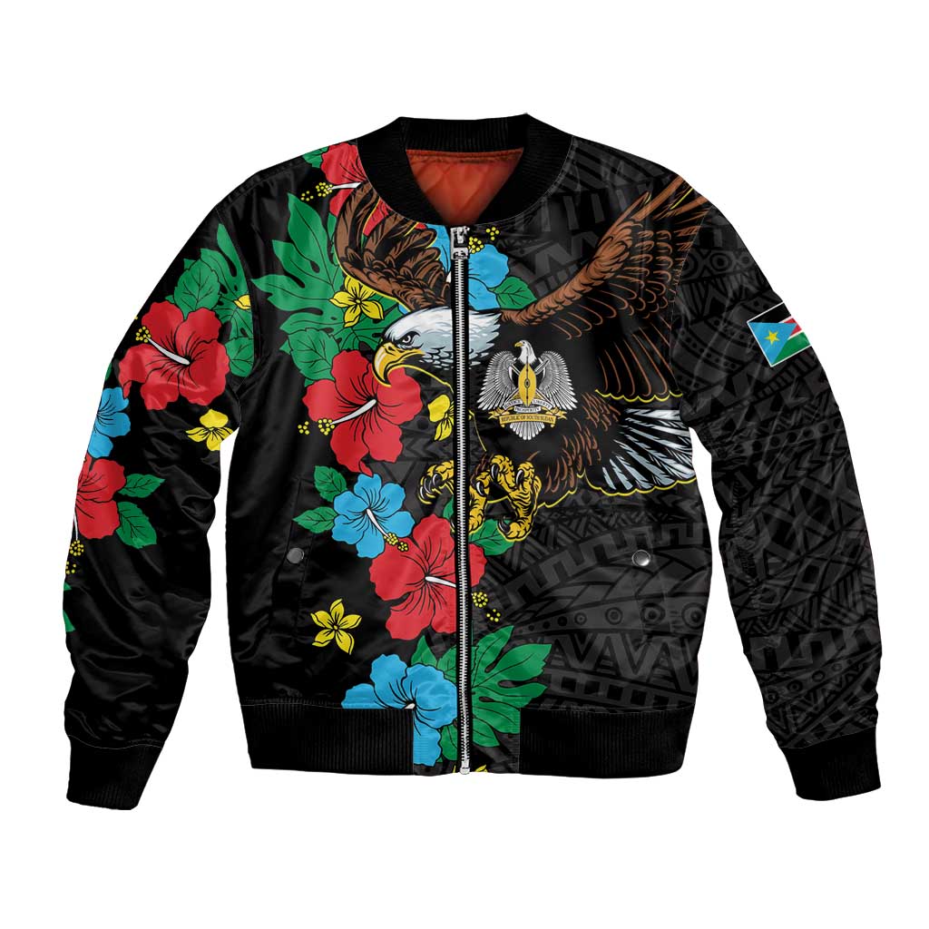 Black bomber jacket with floral African bird graphic, full-zip front and ribbed cuffs