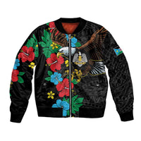 Black bomber jacket with floral African bird graphic, full-zip front and ribbed cuffs