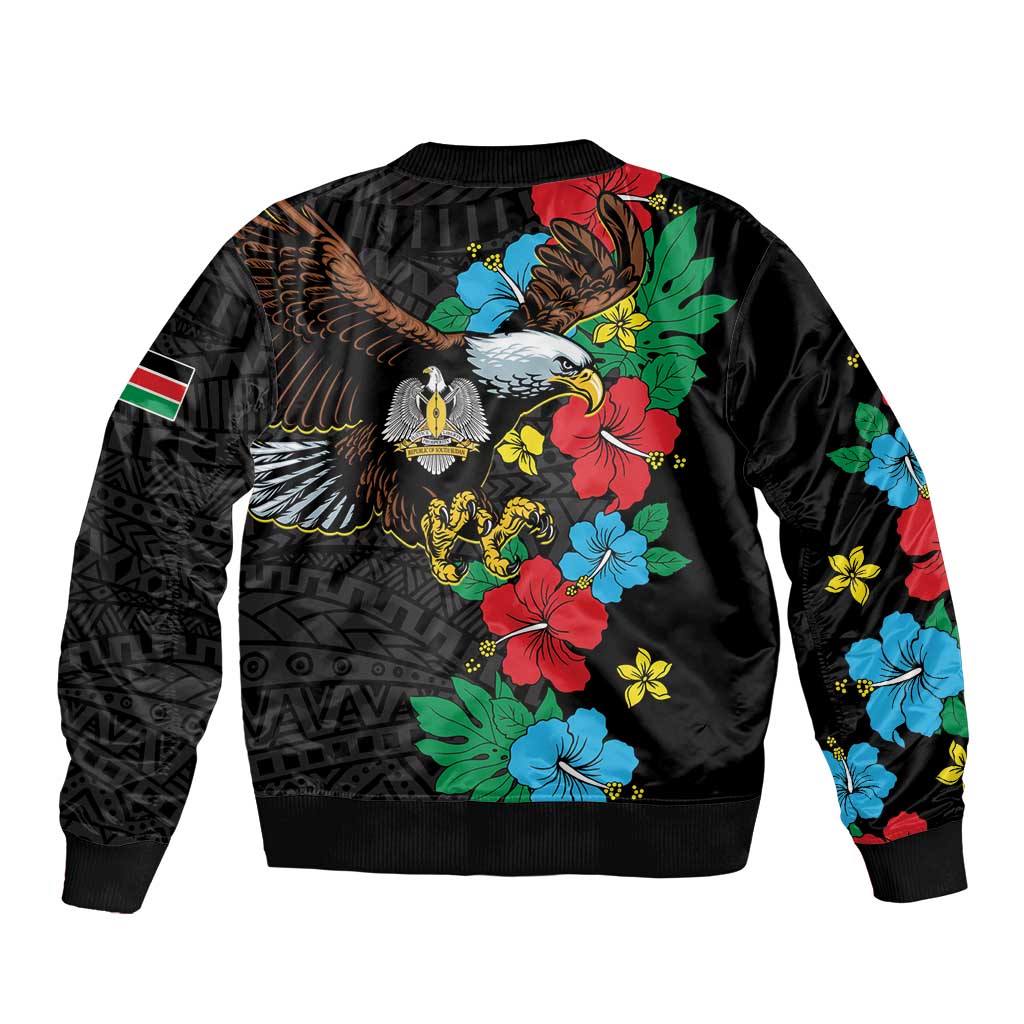 Black bomber jacket with back floral bird graphic, ribbed hem and cuffs