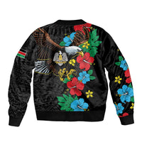 Black bomber jacket with back floral bird graphic, ribbed hem and cuffs