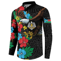 Black button polo sweatshirt with hibiscus floral and eagle front graphic, patterned side sleeves