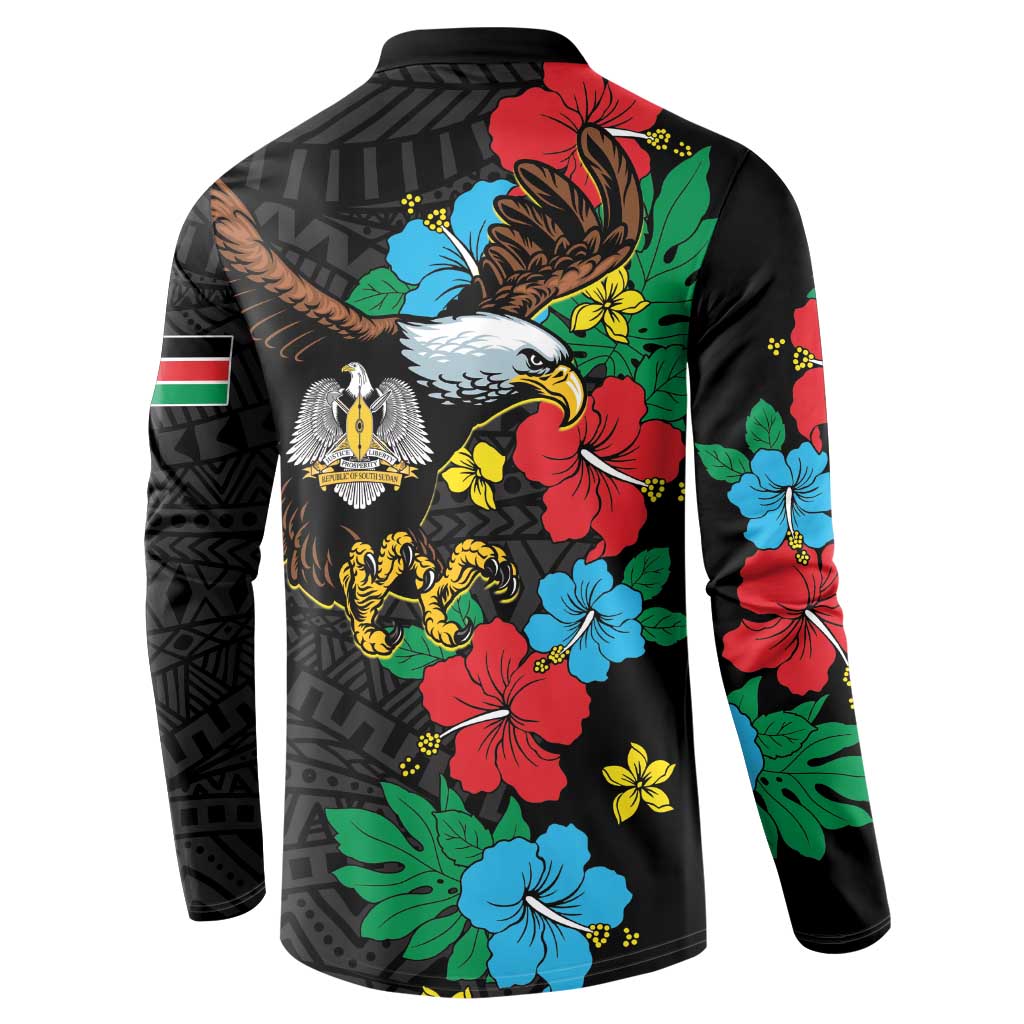 Black button polo sweatshirt, back eagle and hibiscus floral print with patterned collar