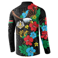 Black button polo sweatshirt, back eagle and hibiscus floral print with patterned collar